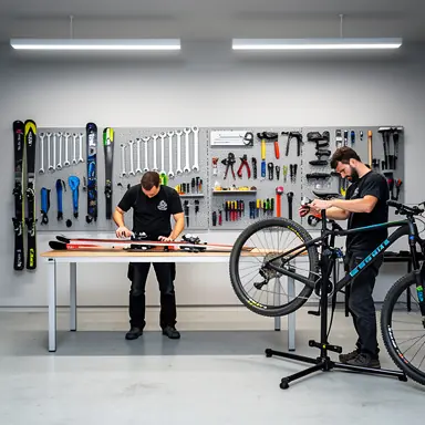 Modern mountain sports workshop with ski and mountain bike equipment being adjusted, clean organized tools on wall, bright neutral lighting, professional environment, realistic photography, no text, no logos
