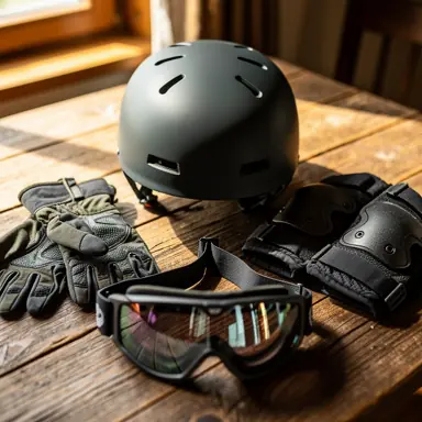 Close-up of mountain sports protective gear on wooden table: helmet, gloves, goggles and knee pads, warm natural light, shallow depth of field, high detail, realistic lifestyle photography, no text, no logos
