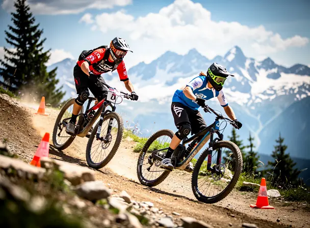 High-resolution photo of two mountain bikers training on a downhill course with cones in an alpine setting, dynamic action, protective gear, sharp focus, natural mountain background, realistic lighting, professional sports photography style, no text, no logos
