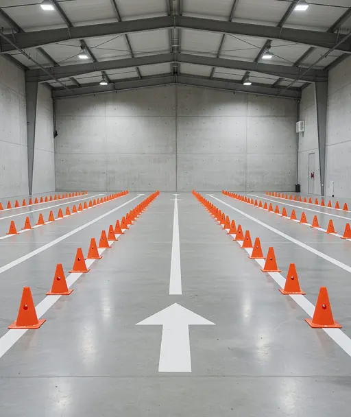 Wide indoor mountain training course with marked lanes and directional arrows on the ground, minimalist industrial space, cones arranged symmetrically, clean composition, high detail, realistic photography, no people, no text, no logos
