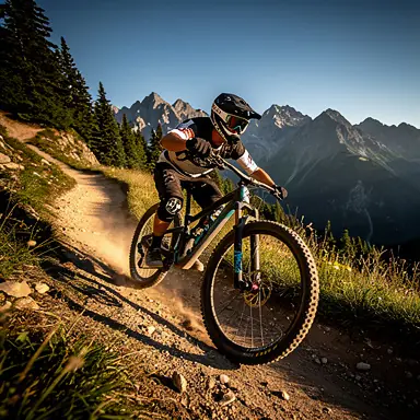 Downhill mountain biker taking a sharp turn on an alpine trail, dynamic body position, protective gear, natural mountain landscape, motion captured sharply, realistic sports photography, no text, no logos
