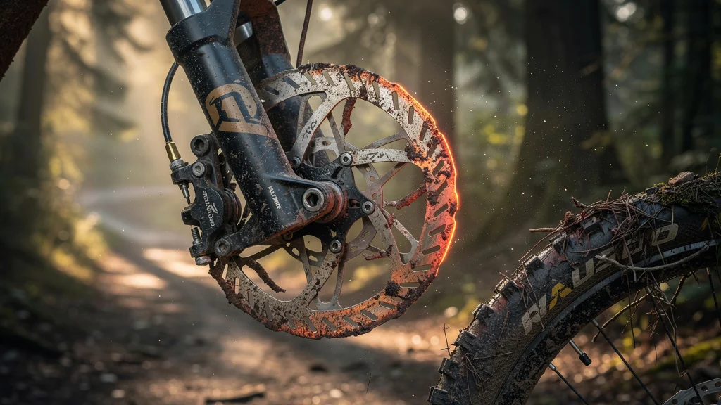 Usure avancée du frein VTT montrée sur un disque et étrier couverts de boue et rayures