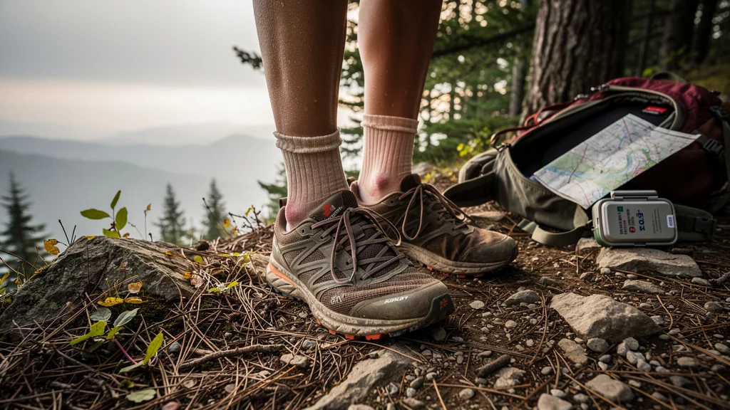Photo réaliste de chaussettes trail trop fines montrant blisters et inconfort sur un sentier montagneux