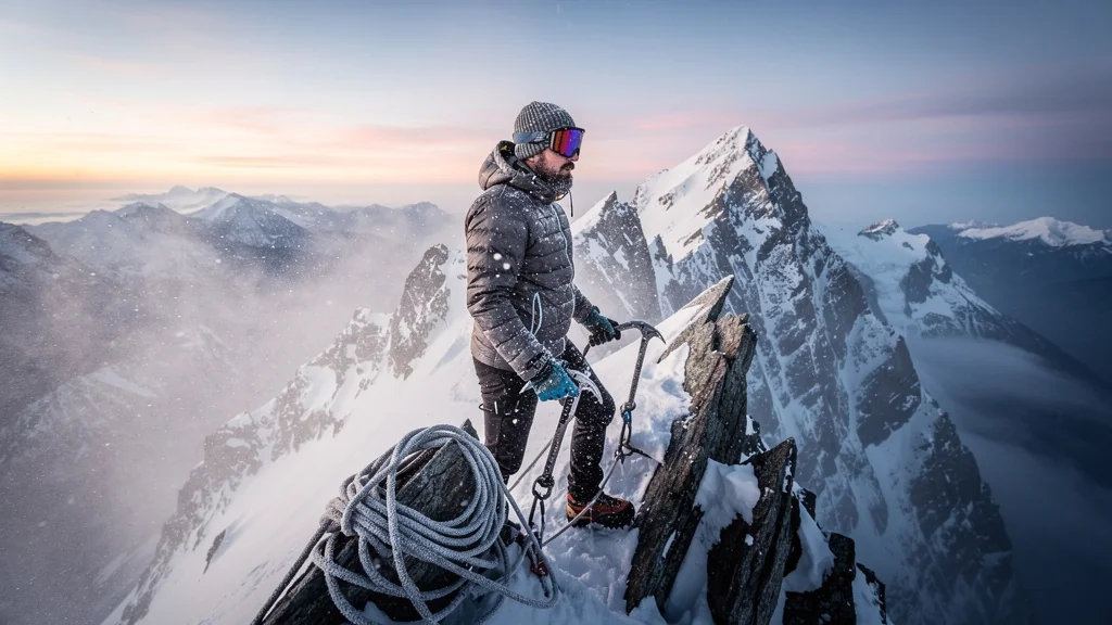 Alpiniste en doudoune trop fine regrettant son choix dans un paysage montagneux enneigé au lever du jour