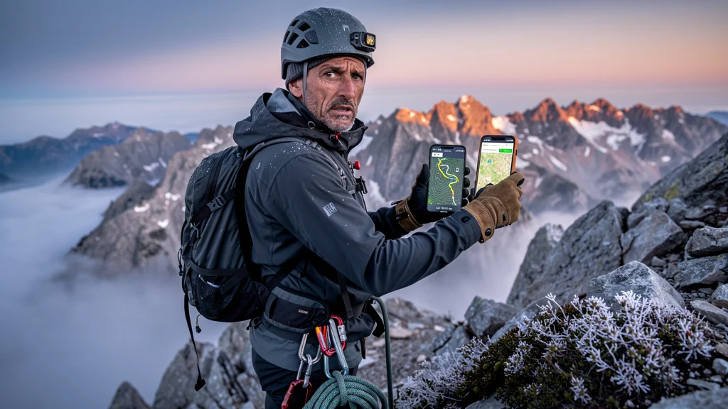 Hiker compares dedicated GPS and smartphone app navigation en haute montagne au lever du soleil