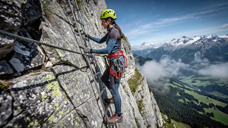 Hiker on via ferrata route illustrating reflexes learned en randonnée en montagne spectaculaire