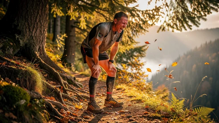 Runner feeling intense calf burn on a forest trail, illustrating effort management in trail running