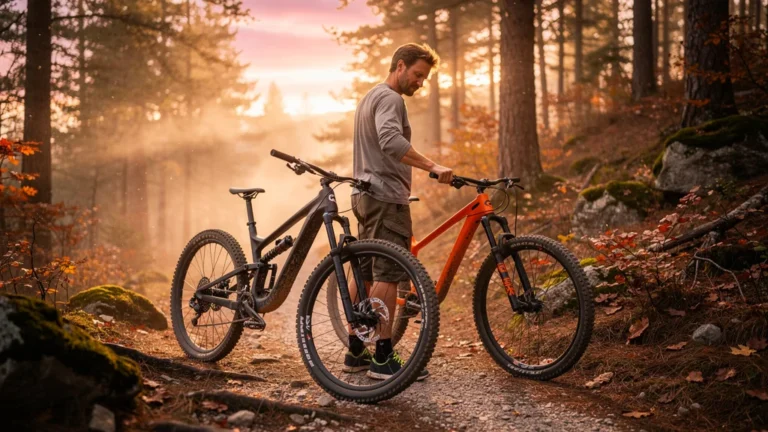 Homme comparant un VTT full-suspension et un semi-rigide sur un sentier de montagne en lumière dorée