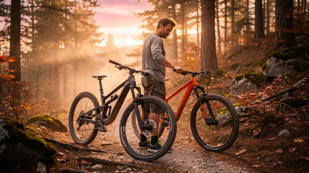 Homme comparant un VTT full-suspension et un semi-rigide sur un sentier de montagne en lumière dorée