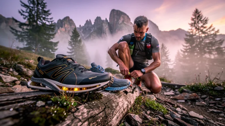 Chaussures trail plaque carbone et classiques sur sentier montagneux au lever du jour, pour coureurs exigeants