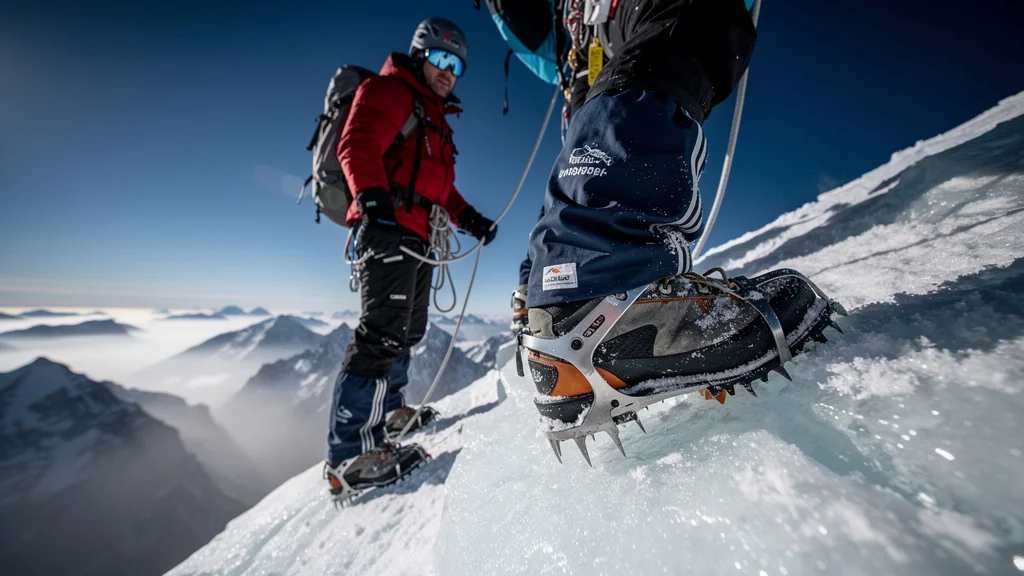 Comparaison réaliste crampons 10 pointes et 12 pointes sur glace d'altitude à 4300 m