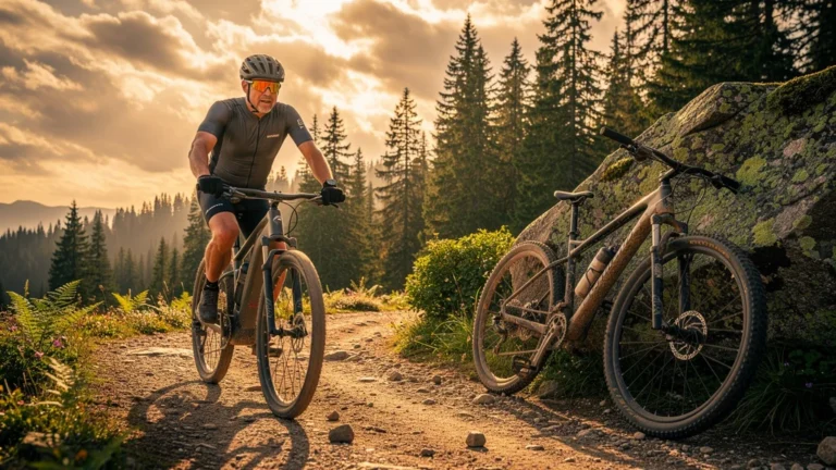 Comparaison réaliste e-bike et VTT musculaire pour un cycliste de 37 ans en plein effort sur sentier montagneux