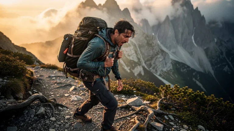 Hiker realizing the impact of heavy backpack on balance during mountain trek at dawn