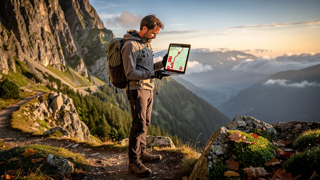 Homme en randonnée utilisant un GPS avec alertes de dénivelé imprévues sur terrain montagneux