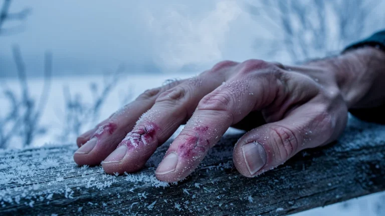 Doigts souffrant d'engelures visibles avec peau pâle et rougeâtre en hiver froid et humide