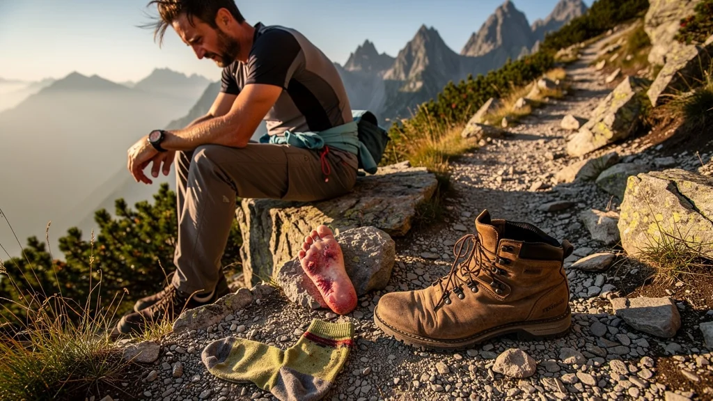 Hiker with blistered foot and dirty sock abandonned sur un sentier de montagne après avoir oublié ses chaussettes