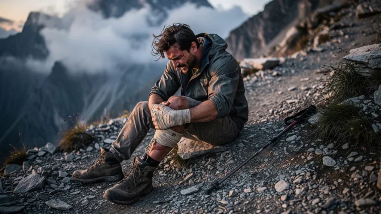 Homme blessé au genou gonflé après une descente en montagne, immobilisé une semaine