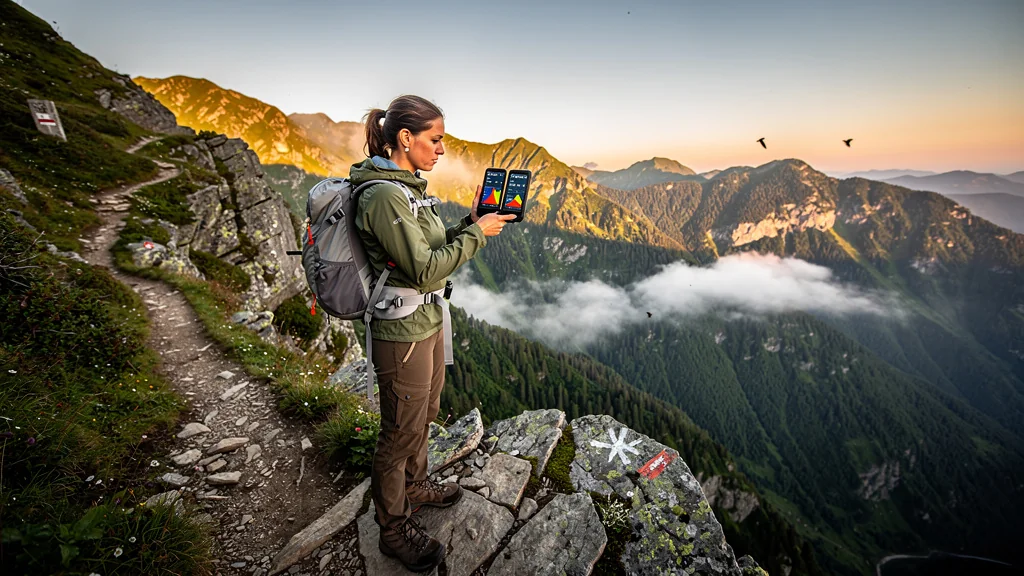 Hiker testing a precise altimetric GPS on a mountain trail with stunning natural landscape