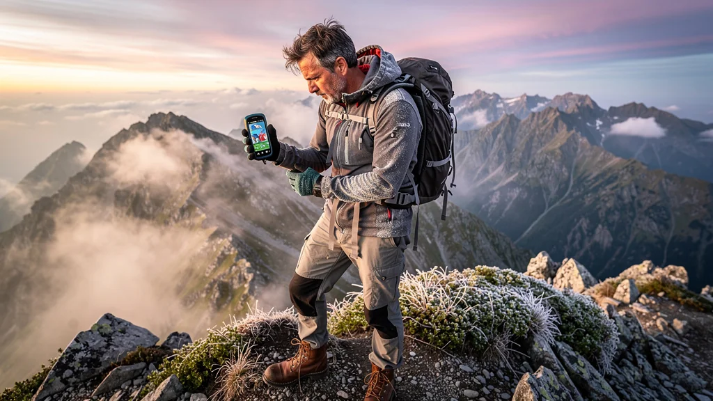 Homme en randonnée confus par un GPS trompeur d'altitude au sommet d'une montagne au lever du jour