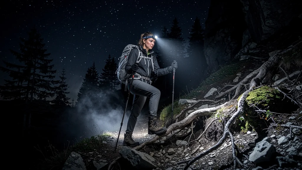 Hiker testing a 1000 lumens headlamp on a steep technical night trail en pleine randonnée nocturne