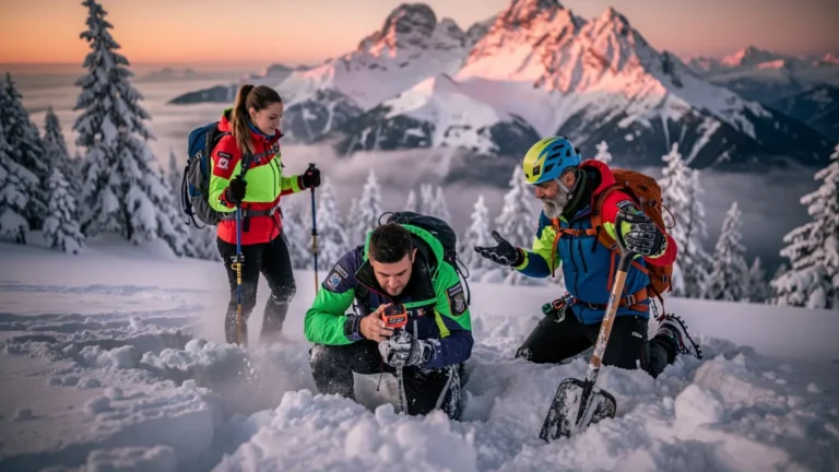 Exercice réel en équipe utilisant un DVA pour une recherche avalanche à moins de trois mètres en montagne