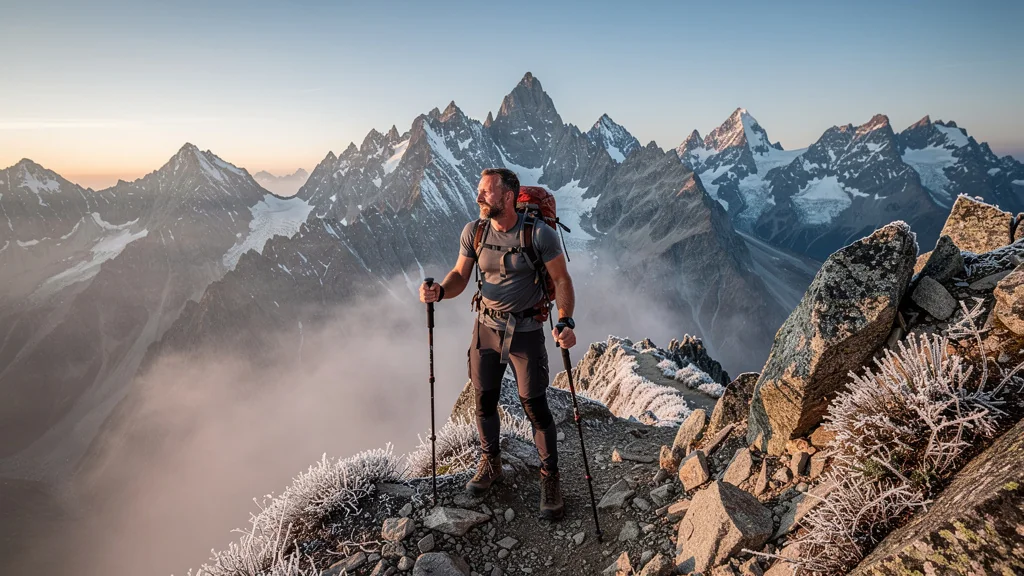 Homme fatigué en haute altitude contemplant un panorama montagneux après un effort intense