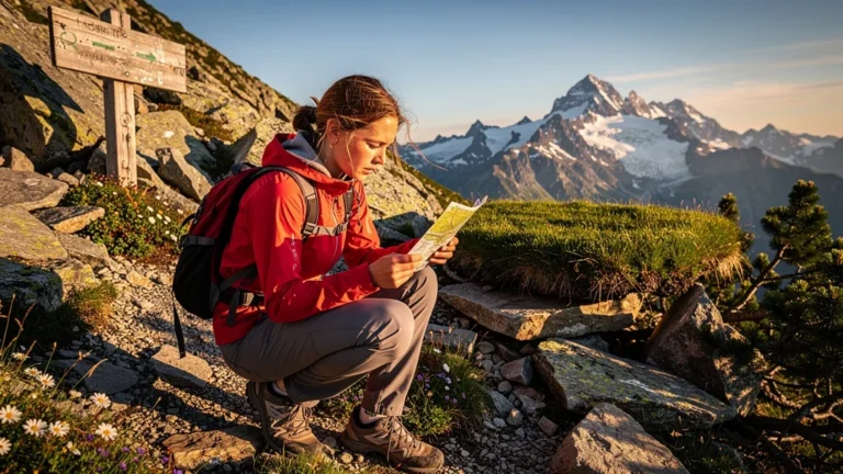 Jeune femme en course d’orientation alpine sur replat rocheux, symbolisant repères et erreurs en montagne