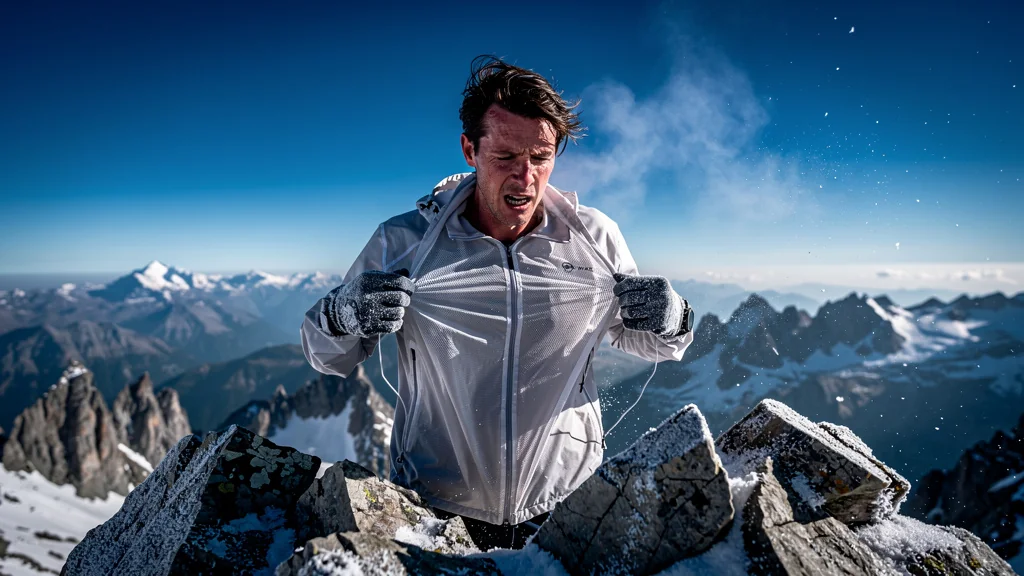 Homme en altitude démontant sa veste trop légère face au vent fort et froid en montagne