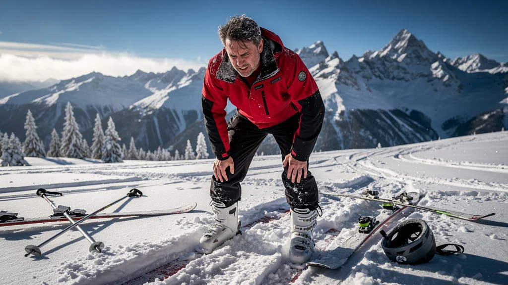 Skieur fatigué sur une montagne enneigée avec fixations mal réglées, douleur aux genoux