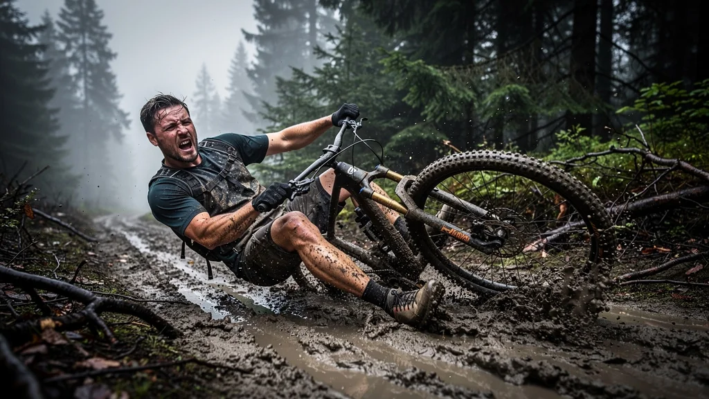 Accident VTT boueux causé par fixations mal réglées, chute dangereuse et cheville blessée en forêt humide