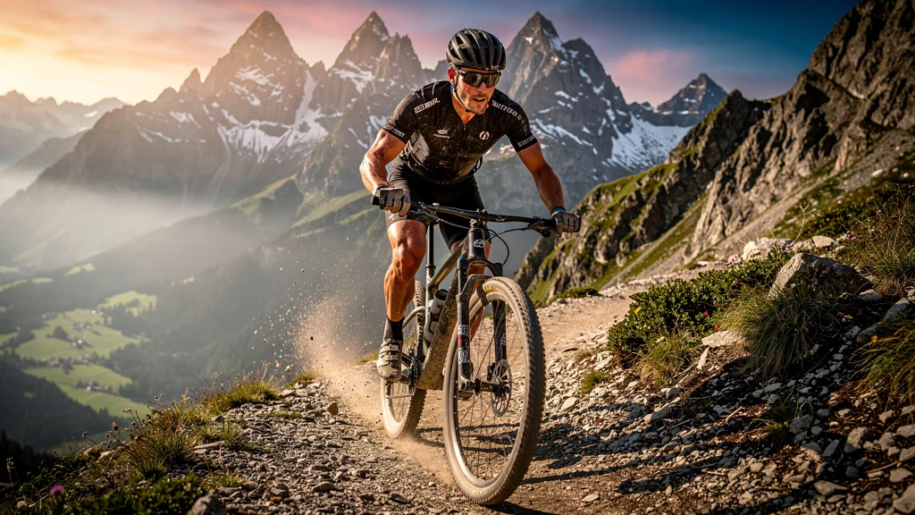 Cycliste VTT en montagne lors d’un entraînement fractionné intense au coucher du soleil