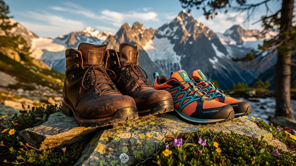 Comparaison réaliste entre chaussures rigides et souples en randonnée alpine sur fond de montagnes