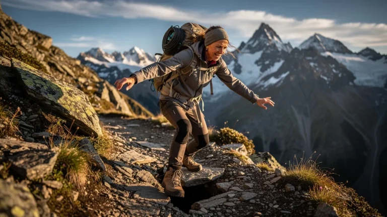 Randonneuse en montagne ressentant un décalage sous ses pieds, équilibre transformé en randonnée alpine