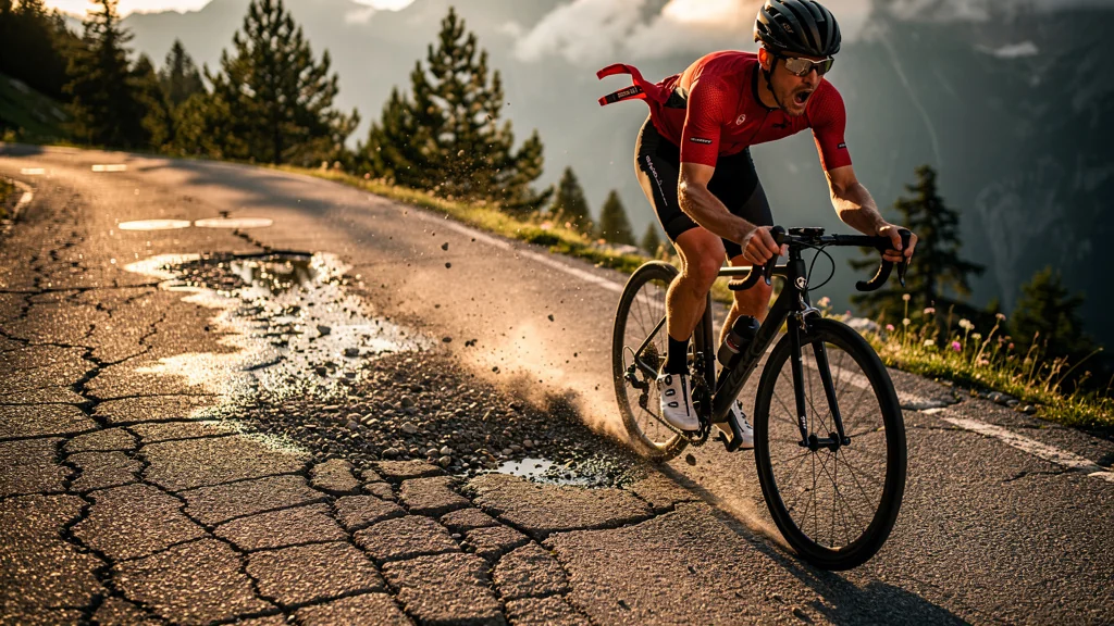Photographie réaliste d’un cycliste freinant après le glissement de sa roue arrière en descente