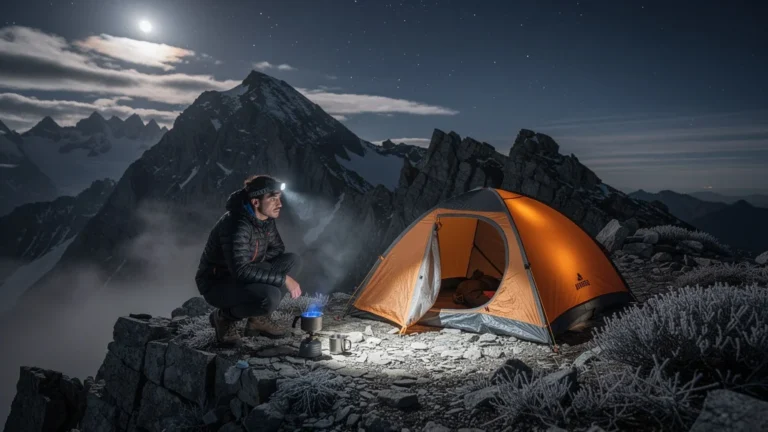Premier bivouac à 2400 m avec tente, hiker et paysage de montagne au crépuscule