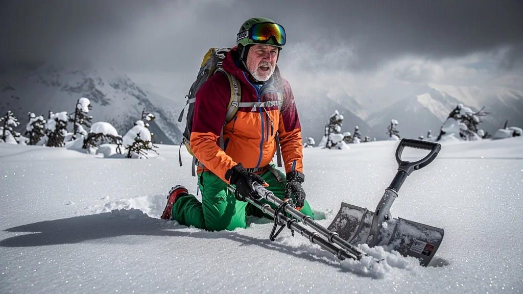 Skieur isolé dans la neige dure avec sonde avalanche défectueuse, rappel de vérifier son pack DVA/pelle/sonde
