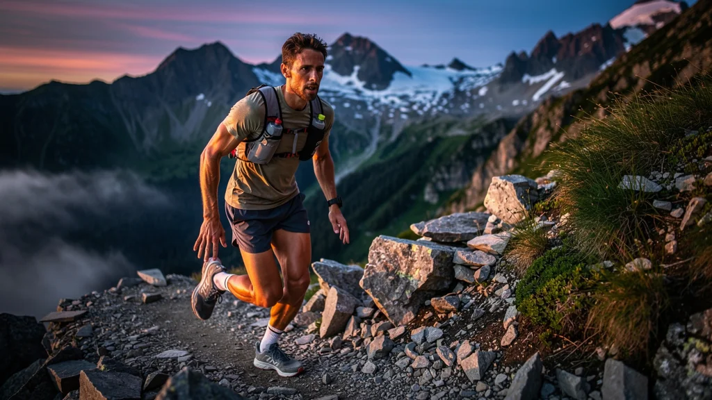 Trail running en montagne sans bâtons sur terrain escarpé, descente périlleuse au coucher du soleil