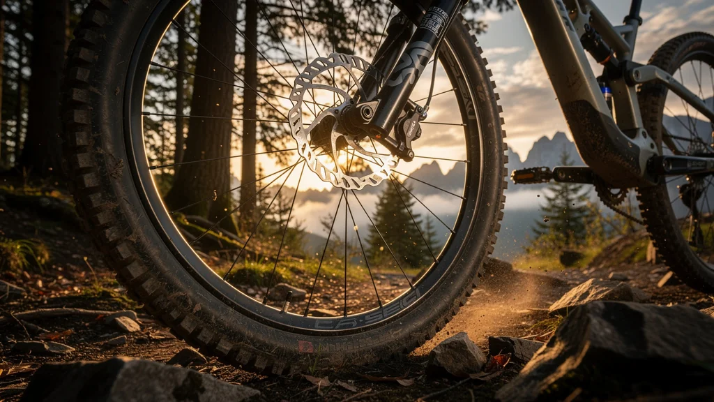 Gros plan hyperréaliste d’un disque de frein voilé sur un VTT montagne en pleine forêt