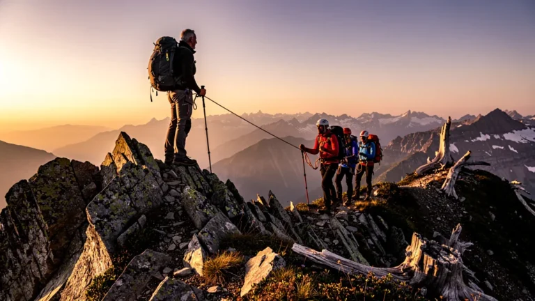 Randonner en solo ou en cordée : paysage montagneux réaliste illustrant autonomie et lien humain après 15 ans