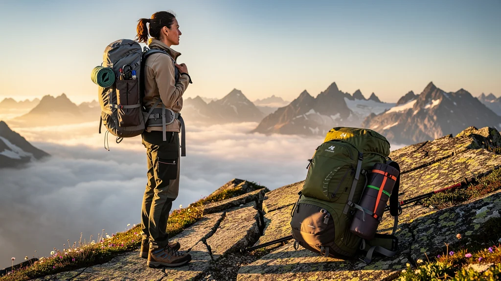 Hiker comparing sac 35L et 45L pour rando alpine 2 jours sur un sommet alpin en lumière dorée