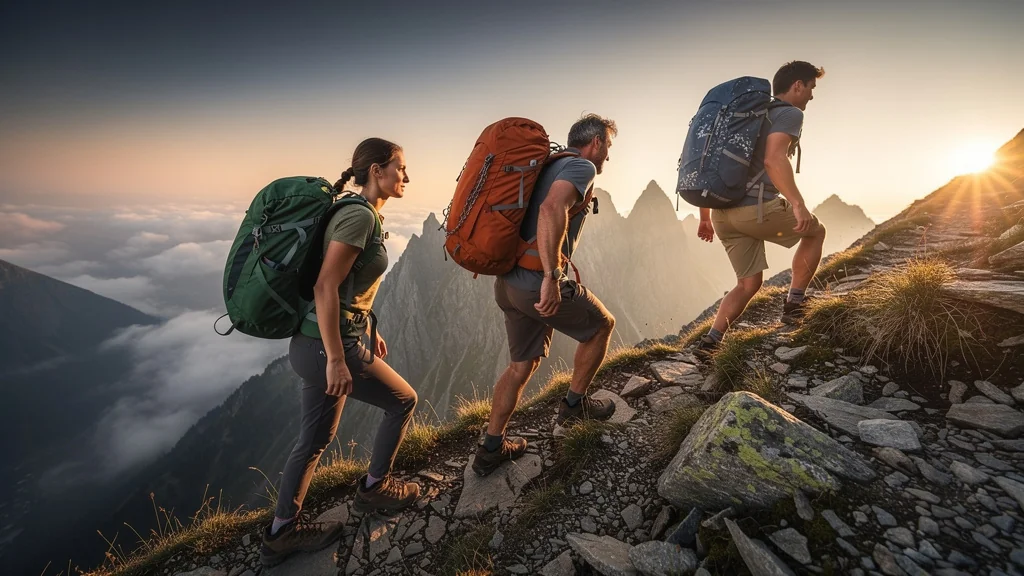 Comparatif photo ultra-réaliste de trois sacs à dos 30L en montée rapide avec charges variables