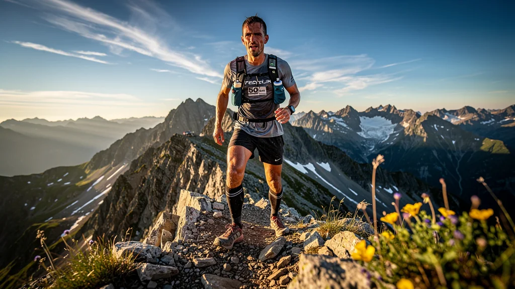 Coureur triomphant après six mois de préparation pour un trail montagneux de 50 km