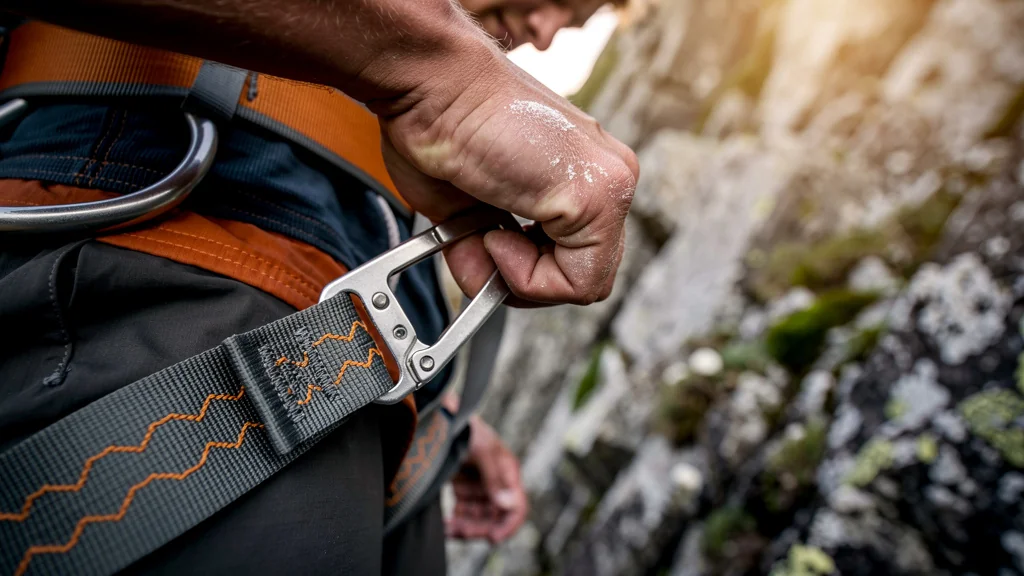 Test d'un baudrier d'escalade avec un doigt coincé dans une boucle en aluminium lors du réglage