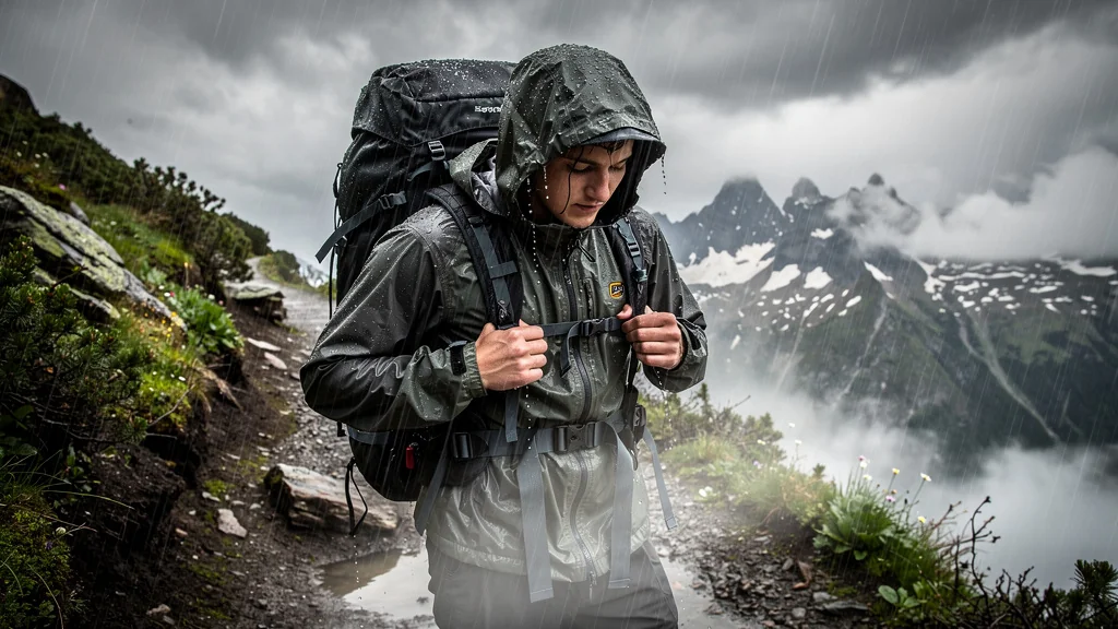 Test du sac à dos 35L sous la pluie intense dans les Alpes, montrant sa résistance et durabilité
