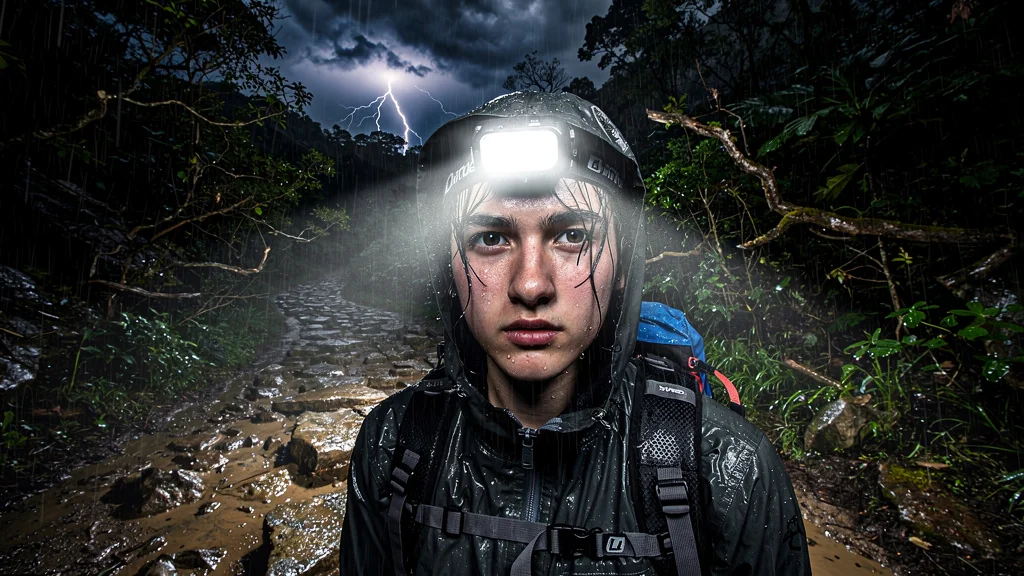 Test réaliste d’une lampe frontale 300 lumens sous un orage intense et pluie battante