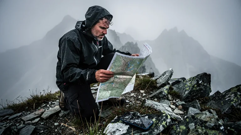 Homme en montagne à 2000m sauvé par une carte papier sous un brouillard épais après mort du téléphone