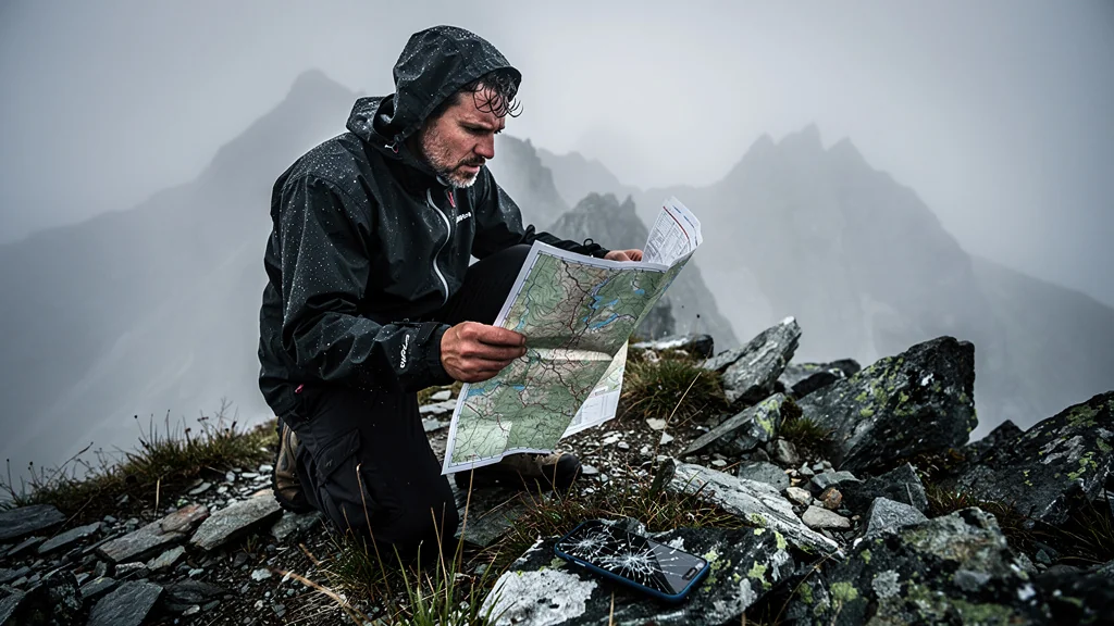 Homme en montagne à 2000m sauvé par une carte papier sous un brouillard épais après mort du téléphone