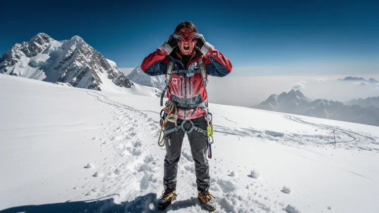 Montagnard souffrant de brûlures oculaires sur névé après avoir oublié ses lunettes glacier