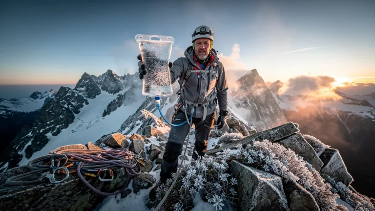 Climber at high altitude with frozen hydration bladder, deprived of water during mountain ascent