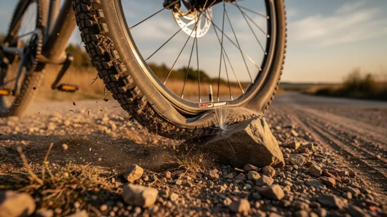 Pneu sous-gonflé éclate contre un caillou, illustrant un passage forcé au tubeless vélo
